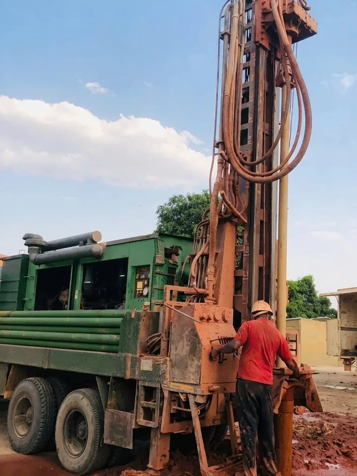 Camion de forage au travail sur un chantier de forage d'eau à Bamako